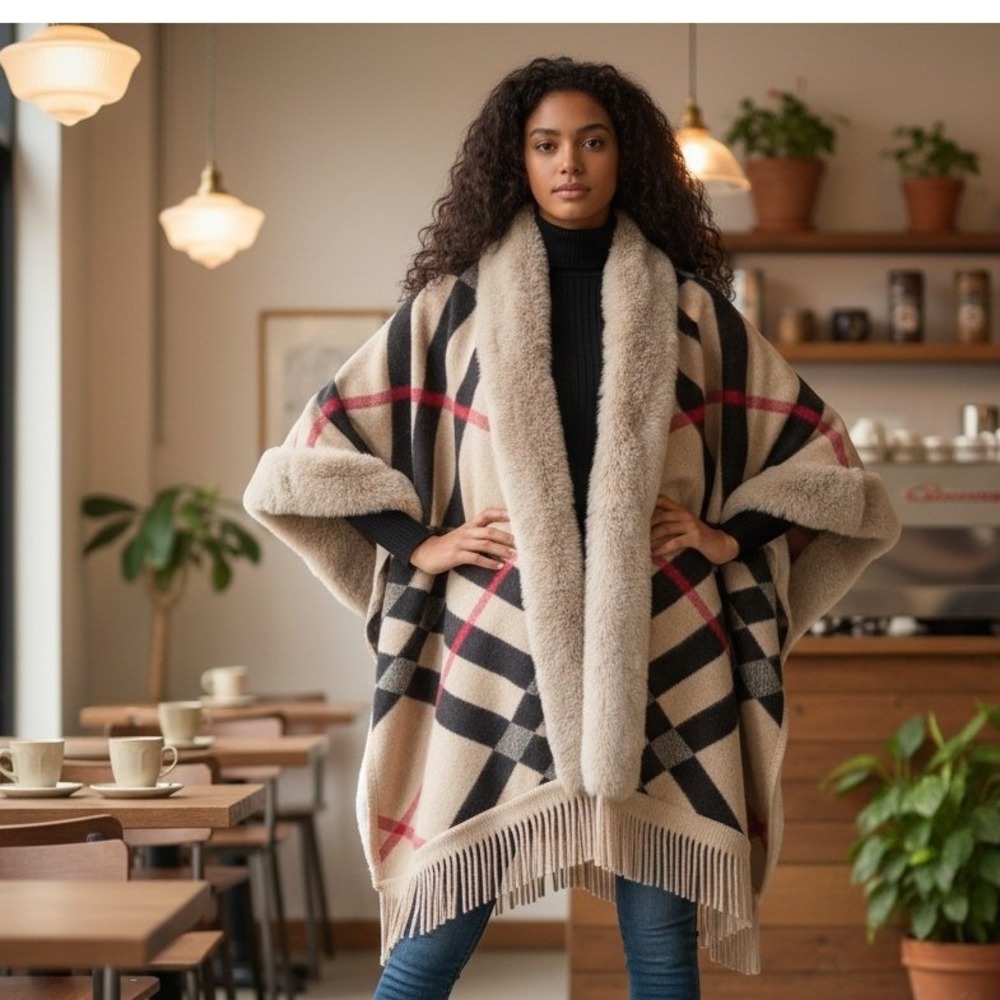 Cape Poncho Plaid Faux Fur Women OS Beige Fringe Hooded Hygge Cabincore Winter